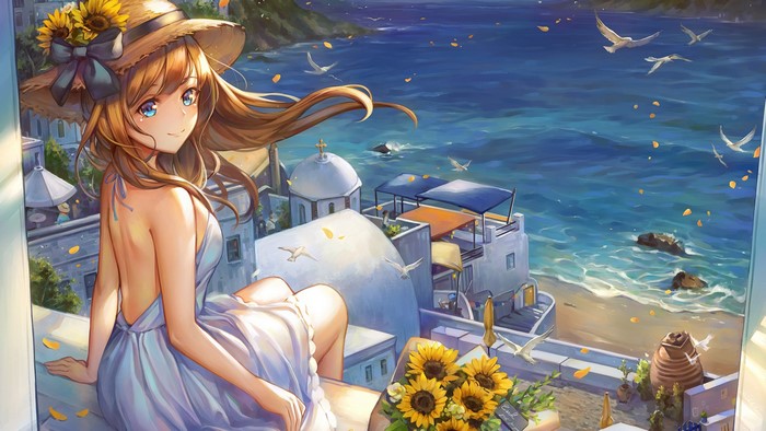 Anime girl with sunflowers and seagulls by the sea