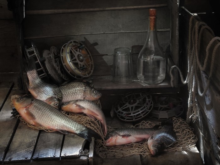 Fish, fishing reels, glasses, and a bottle of alcohol