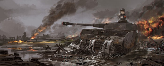 Anime girl on a tank in a war-torn city