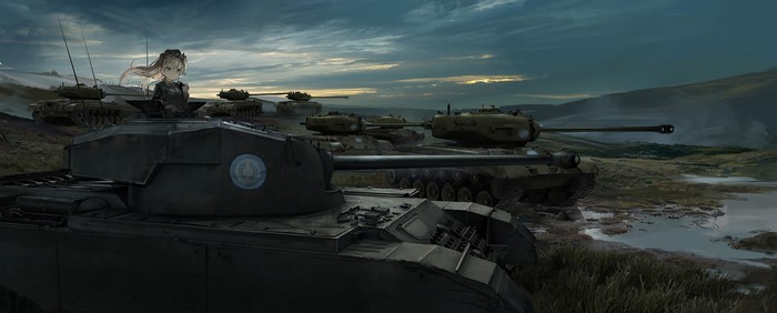 Anime girl in a tank with other tanks