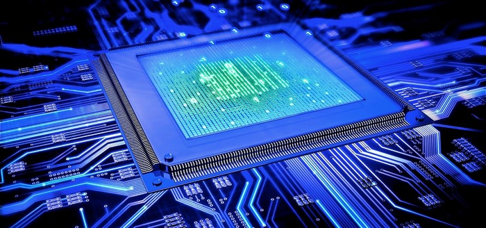 Close-up of a computer processor on a blue circuit board