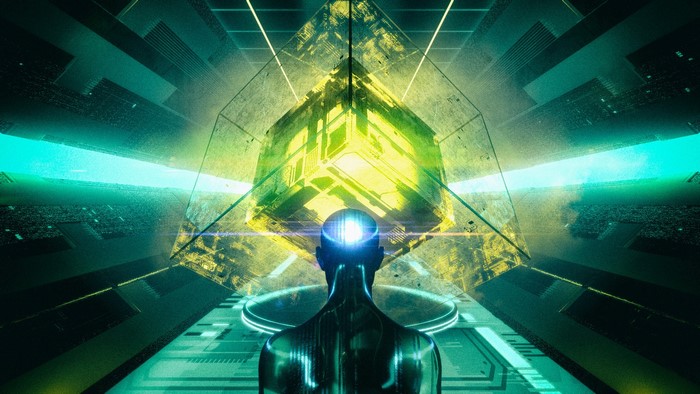 Cyberpunk figure facing glowing cube in futuristic environment