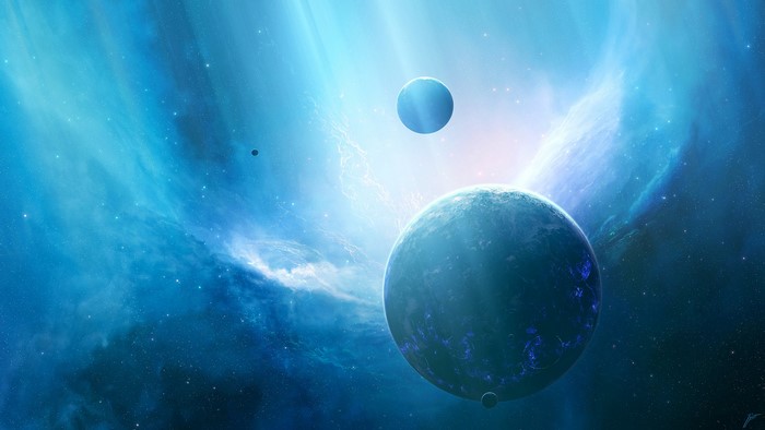 Blue nebula with planets and stars