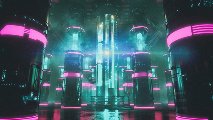 Cyberpunk room with neon pillars and smoke