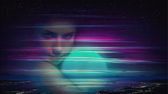 Woman with glowing orb in abstract futuristic landscape