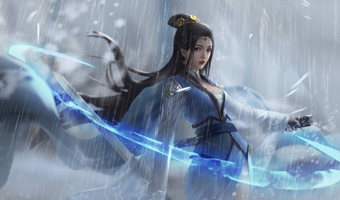 Woman in blue dress with sword in rain