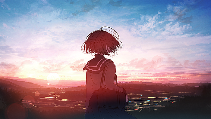 Anime girl in school uniform watching sunset over a town