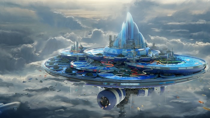 Futuristic floating city in the clouds by Leon Tukker