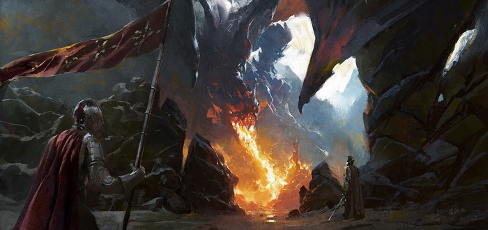 Knight with Flag faces Dragon breathing fire in cave