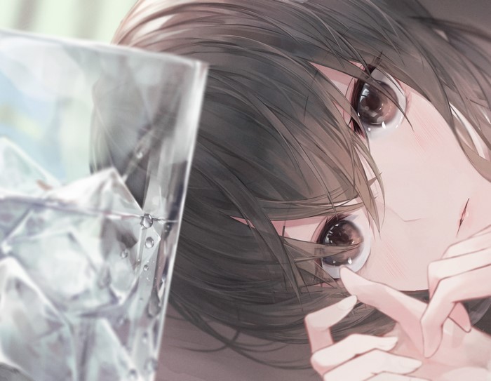 Anime girl with brown eyes and glass of ice