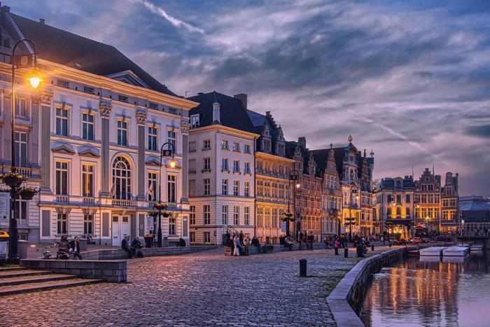 Cityscape of Gent, Belgium at dusk