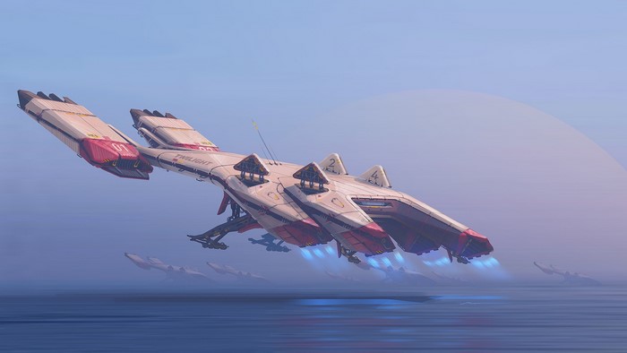 Science fiction artwork of a fleet of spaceships