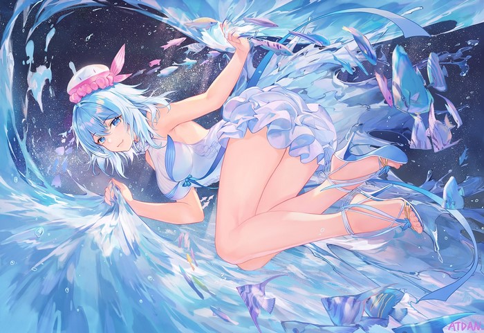 Anime girl with blue hair in water with fish