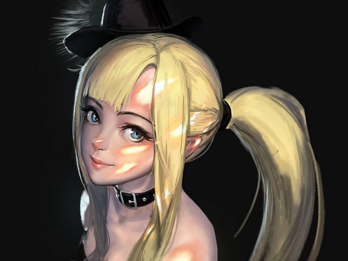 Anime girl with blonde hair and blue eyes wearing a black hat