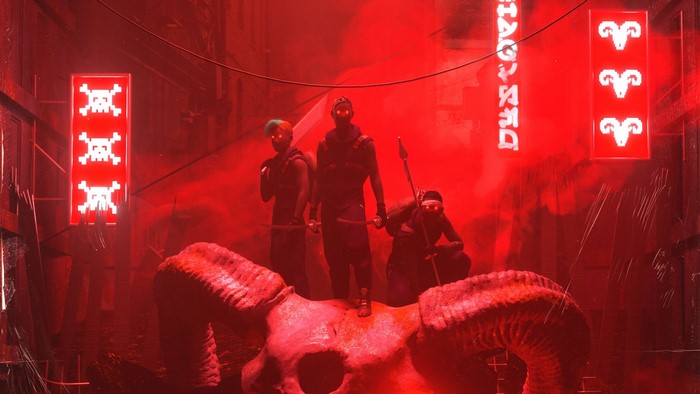 Three figures stand on a giant skull in a red-lit environment
