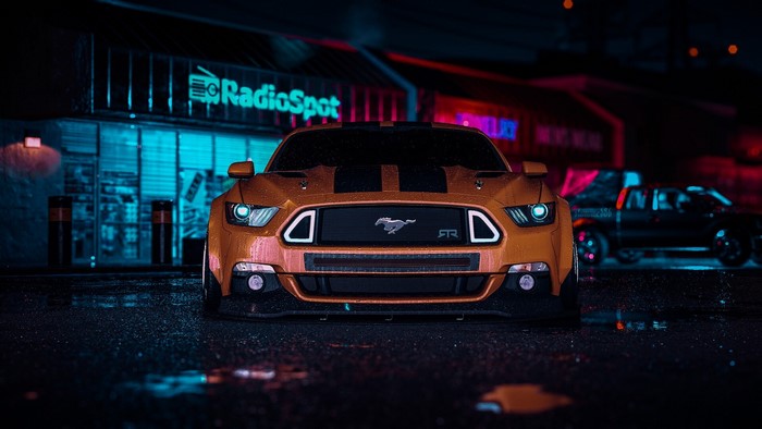 Orange Ford Mustang FR500S at night