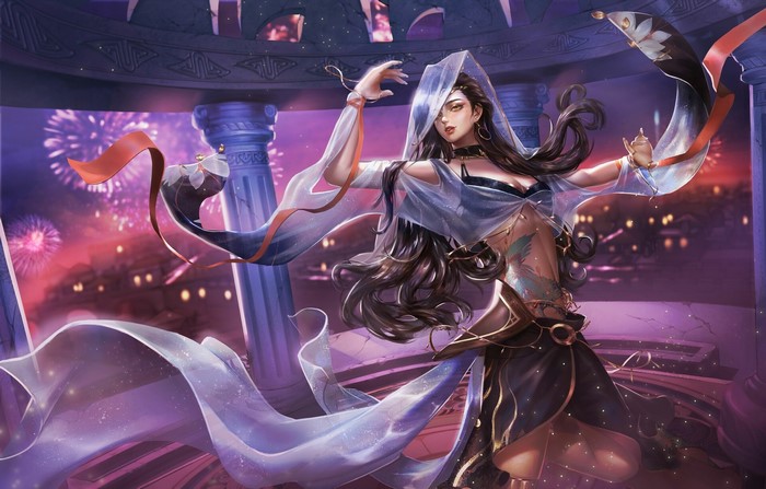 Fantasy art of a woman with dark hair dancing