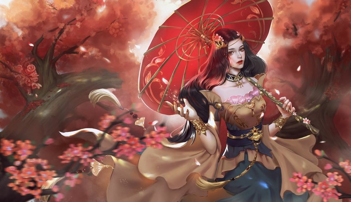 Fantasy girl with red umbrella and flowers