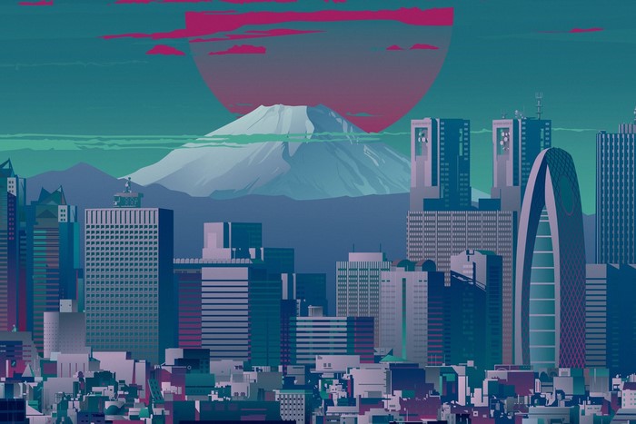 Cityscape with Mount Fuji and Red Sun