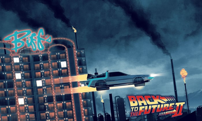 Back to the Future II artwork featuring the DeLorean and Biff's