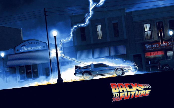 DeLorean Time Machine in Hill Valley during lightning strike