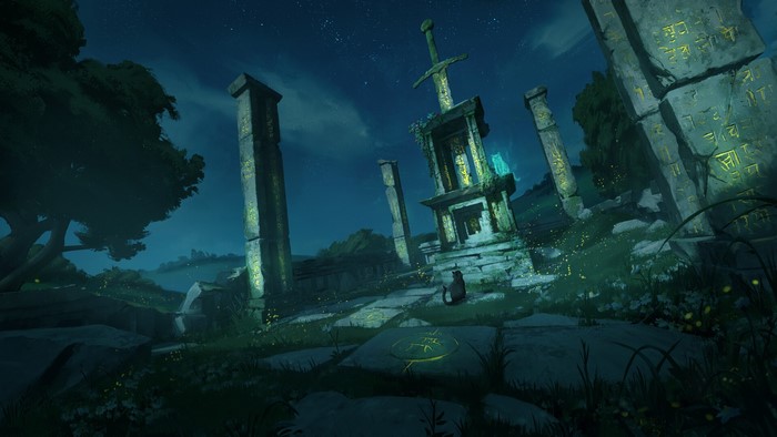 Ruins with a giant sword and a cat at night