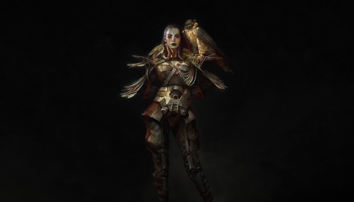 Fantasy woman with falcon on shoulder