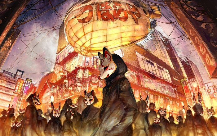 Crowd wearing animal masks in a city at night