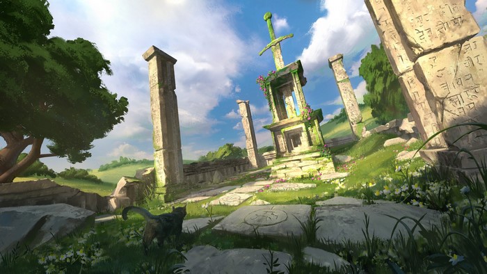 Fantasy ruins with a sword, cat, and flowers