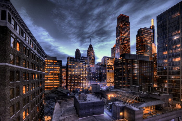 Philadelphia cityscape at dusk with HDR effect