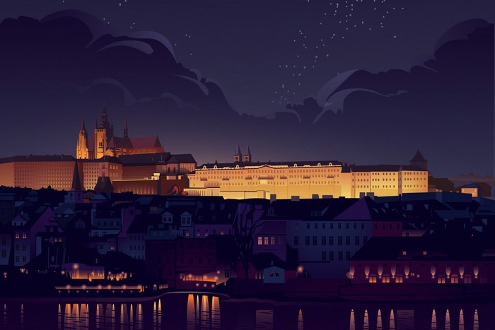 Cityscape artwork of Prague at night