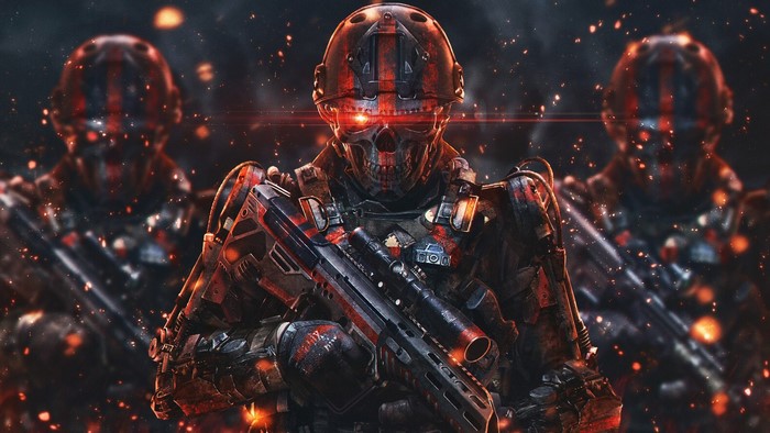 Soldiers with skull masks and glowing eyes holding weapons