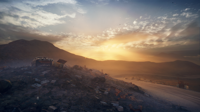 Mad Max game screenshot of a wasteland at sunset