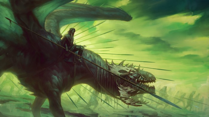 A rider on a dragon with a spear in a green landscape