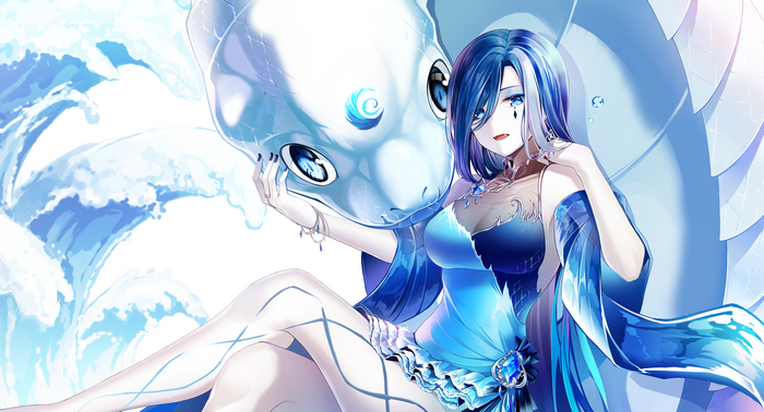 Anime girl with blue hair and blue dress with a white dragon