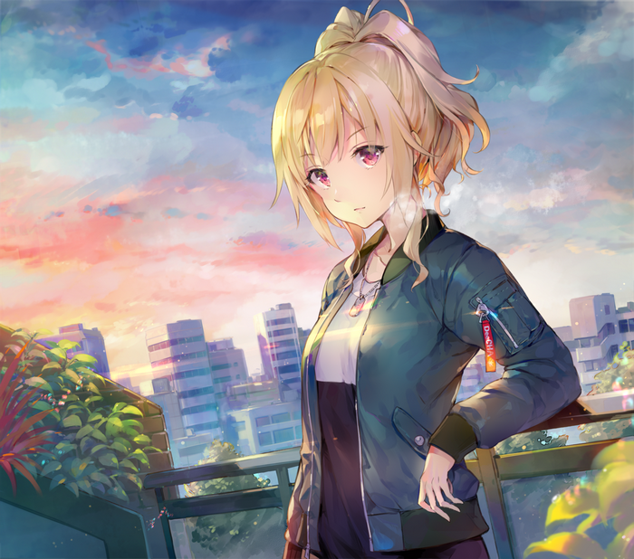 Anime girl with blonde hair in a bomber jacket on a balcony