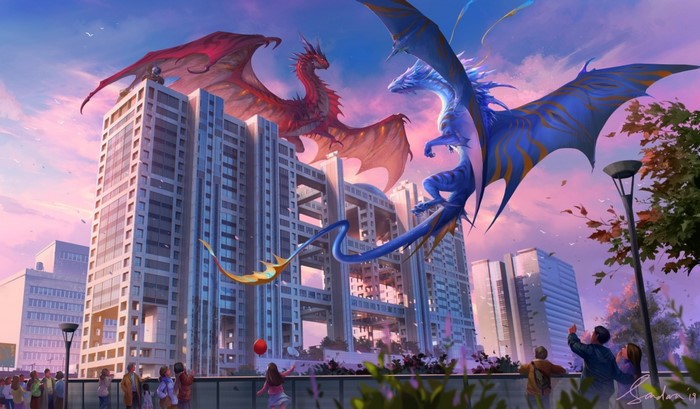 Two dragons flying over a city at sunset