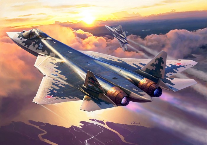 Sukhoi Su-57 fighter jets in flight at sunset