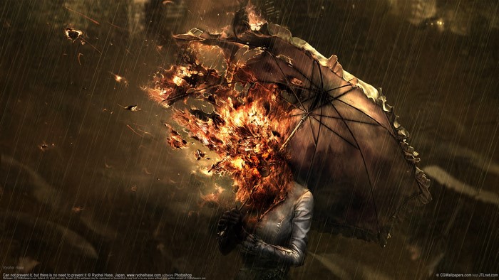 Person with burning head under umbrella in rain