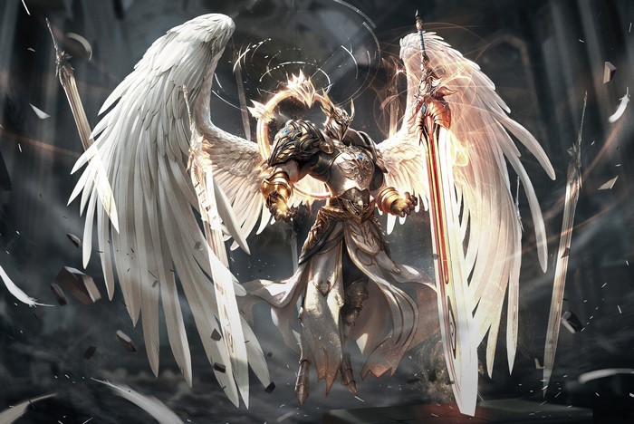 wings, armor, warrior, angel, spell, floating, wind, smoke, helmet, low ...