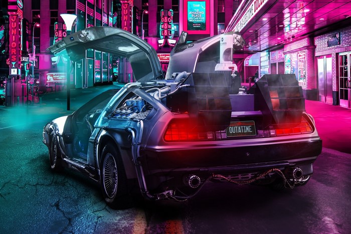 DeLorean Time Machine from Back to the Future in a neon city