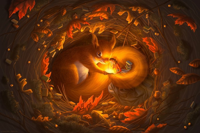 Fantasy girl and squirrel in a nest with books and leaves