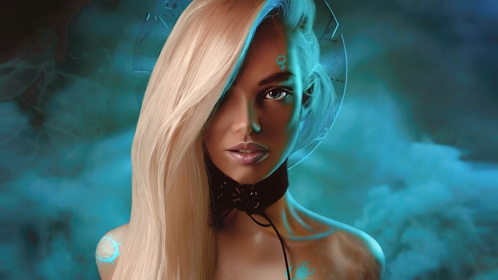 Fantasy woman with blonde hair and blue glow