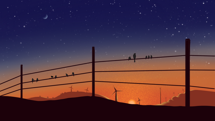 Birds on wires at sunset with windmills and moon