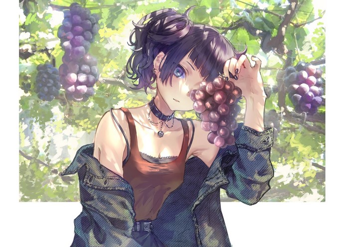 Anime girl with purple hair holding grapes