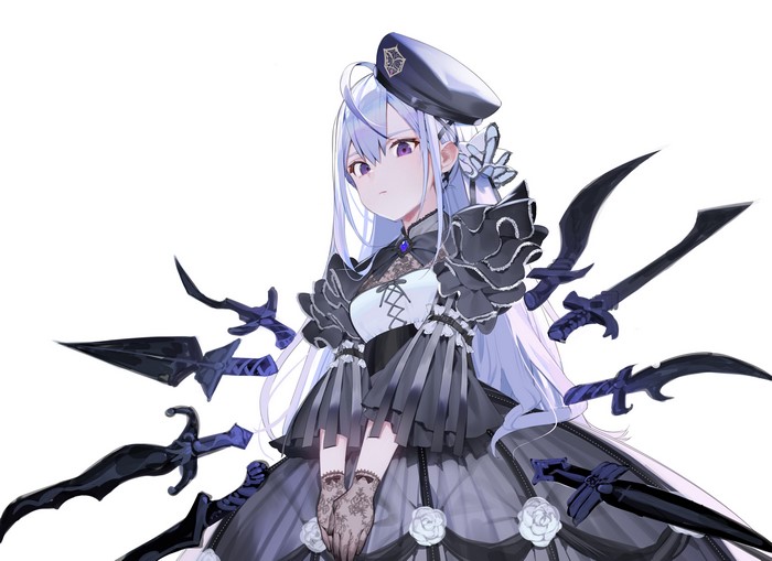 Girl with gray hair and purple eyes surrounded by swords