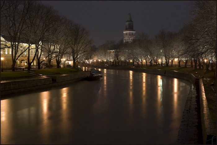 Turku Cathedral by the river at night, Finland