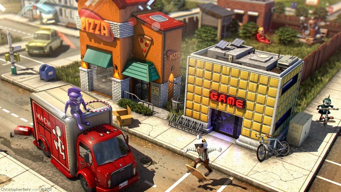 Animated truck and buildings in a cartoon town