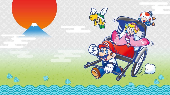 Mario and Princess Peach in a Rickshaw with Toad and Koopa Paratroopa
