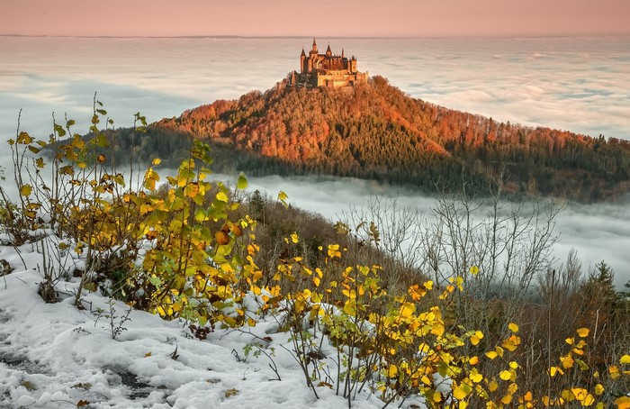 Hohenzollern Castle above the clouds in winter